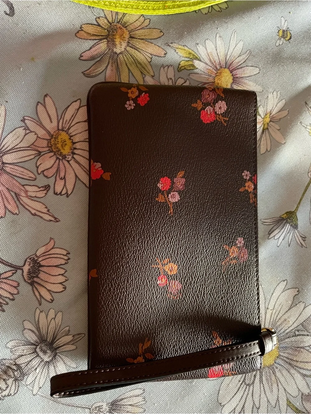 Coach Dark Brown Floral Leather Wristlet with Gold Logo